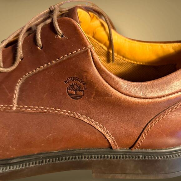 Men\'s 10.5 Wide TIMBERLAND Brown Leather Lace Up Casual Shoes Waterproof EUC